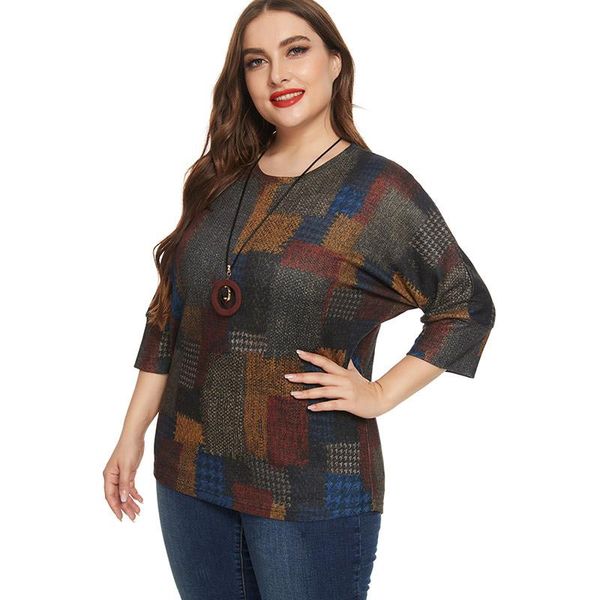 

plus size t-shirt 2021 fall mom long sleeve plaid fashion ladies vintage elegant womens clothing bat, Black