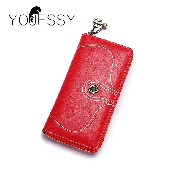

wallets yojessy retro vintage women's clutch leather wallet female long ladies phone zipper purse strap money bag, Red;black