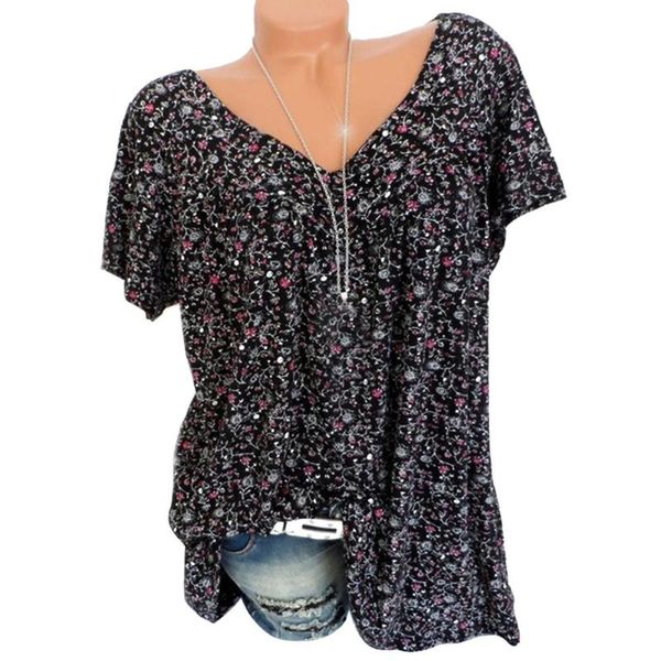 

women's t-shirt plus size 5xl 2021 summer women t shirt casual loose floral print short sleeve v-neck t-shirts big female top, White