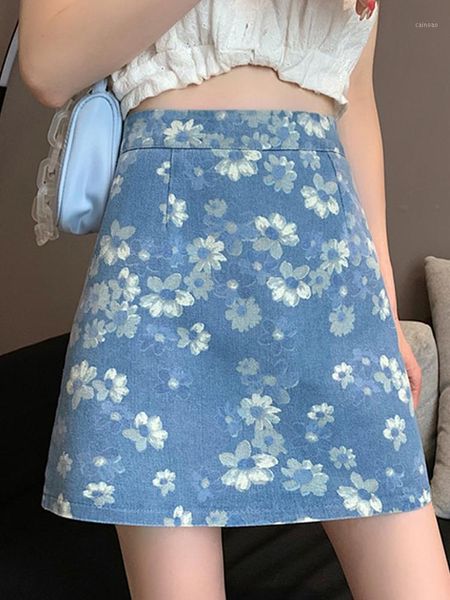 

high waist skirt female summer 2021 a-line floral denim skirts, Black