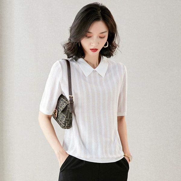 

women's sweaters knitted pullovers women 2021 summer short sleeve fashion ice silk thin striped pullover pull femme woman knit top, White;black