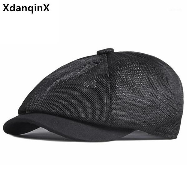 

xdanqinx summer women's breathable hat hollow mesh berets snapback cap british retro ventilated men's sports couple hats, Blue;gray