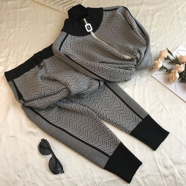 

two piece dress korean winter with printed ribs tracksuit 2 ask for pantyhose suits long sleeved women upper body parts and suit pants outwe, White