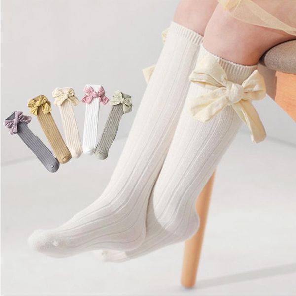 

big bow baby girls sock solid color infant knee high socks soft cotton long toddler kids children 1-3y, Pink;yellow