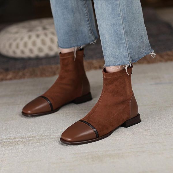 

boots spring /autumn elastic women zipper square toe low heels ankle slim stretch genuine leather shoes female size 33-43 ytqb, Black
