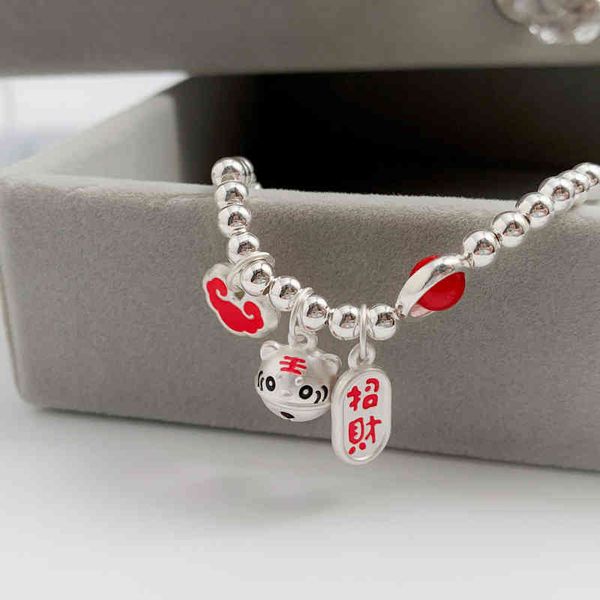 

2022 chinese zodiac tiger year lucky fortune benming bell elastic bracelet s925 sterling silver ladies, Golden;silver