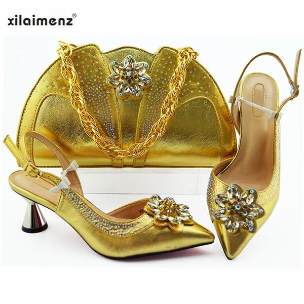 

dress shoes mature special design gold color and bag to match set italian high heels party for wedding, Black