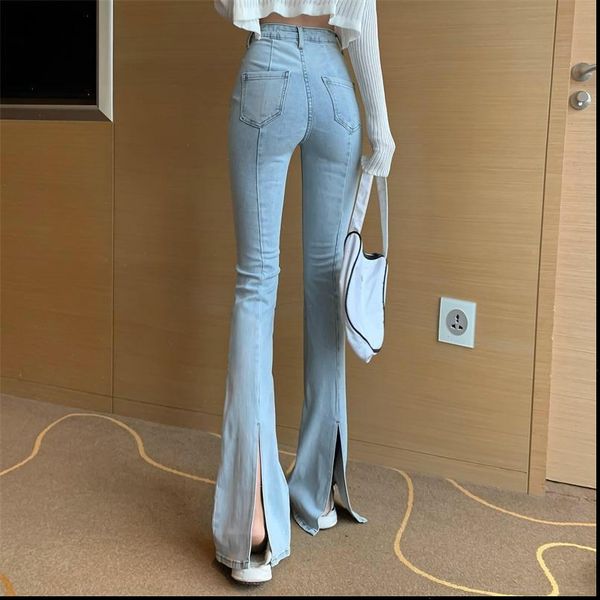 

split straight flare baggy boyfriend women jean overalls loose wide leg denim pants washed retro autumn winter long, Blue