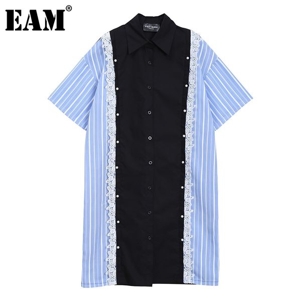 

[eam] women black striped spliced big size shirt dress lapel half sleeve loose fit fashion spring summer 1dd7750 210512, Black;gray