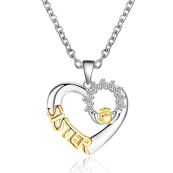 

pendant necklaces doreen box fashion necklace gold/silver color heart message " sister cubic zirconia women jewelry 52cm(20 4/8")