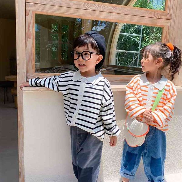 

spring autumn thin striped knitted sweaters loose single-breasted long sleeve cardigan 1-6y 210708, Blue