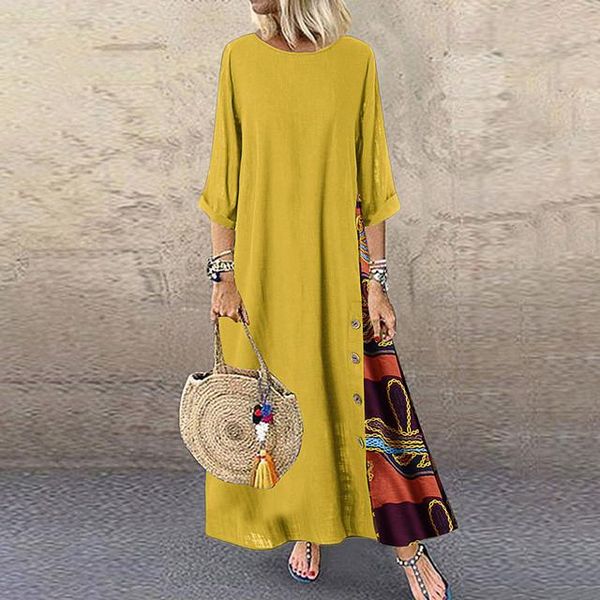 

casual dresses summer autumn plus size women dress vintage o neck 3/4 sleeve side buttons printed loose long maxi comfortable, Black;gray