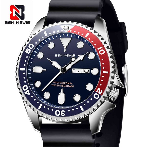 

ben nevis men's watches analog quartz with date luminous hands military waterproof rubber strap wristwatch for man, Silver
