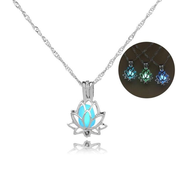

pendant necklaces luminous lotus flower shaped necklace glowing the dark moon for women yoga prayer buddhism jewelry, Silver