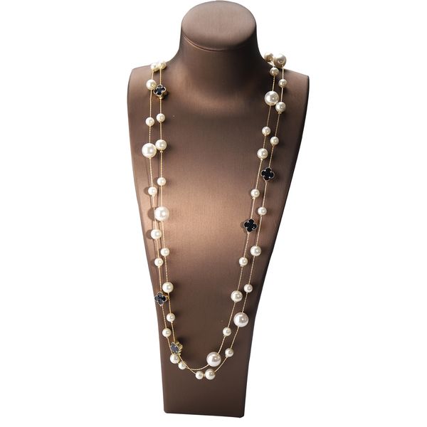 

fashion designer luxury classic style elegant four-leaf clover pearl multi layer long sweater statement necklace for woman, Black