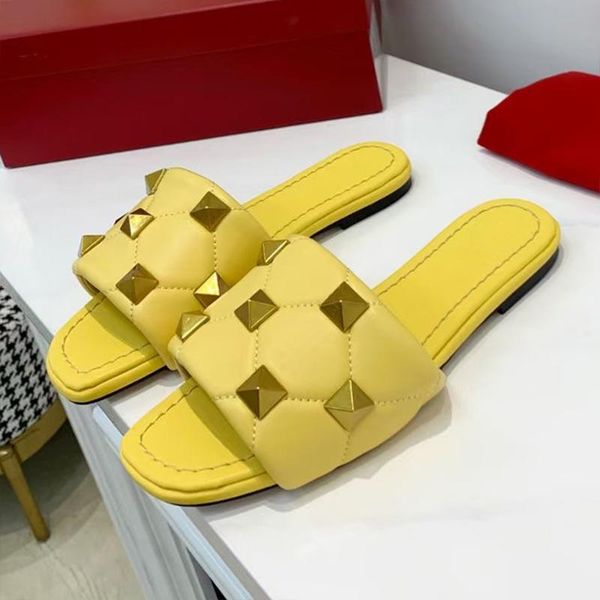 

rivet flat beach slippers women rhombic leather open toe sandals summer sweety color comfort vacation shoes for ladies, Black