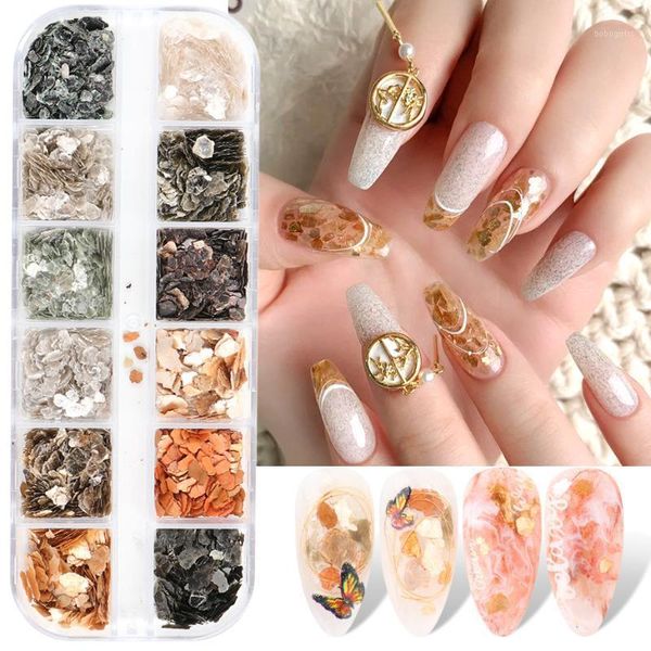 

12grid japanese nail art decorations winter abalone shell 3d flakes sequins broken glass paillette nails charms accessories beym1, Silver;gold