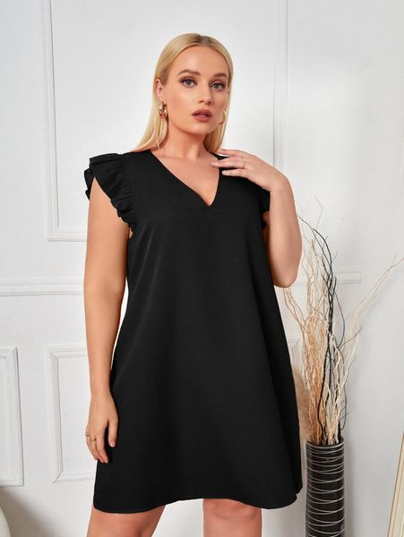 

plus v neck ruffle trim tunic dress l0fm#, Black