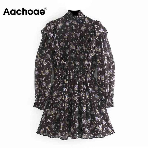 

aachoae floral boho dress women long sleeve casual chiffon pleated dress ruffles beach mini dress print sundress vestidos mujer 210413, Black;gray