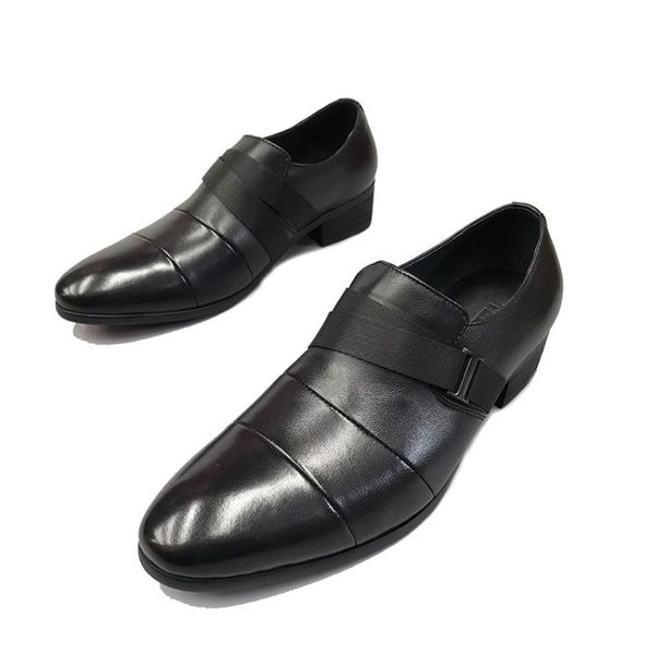 

dress shoes business buckle strap men's increased fashion metal round toe personality patchwork male elestic band slip-on, Black