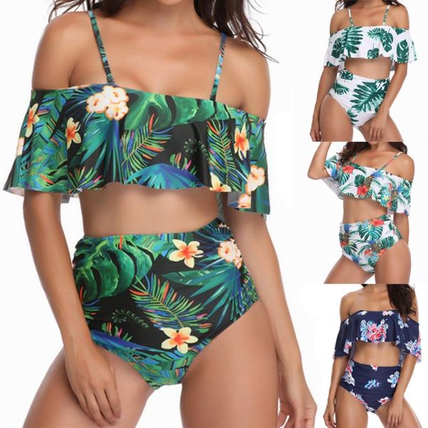 

bikinis set women retro vintage swimsuit high waist bathing suit flounce push up bikini plus size tropical floral print beach swimwear