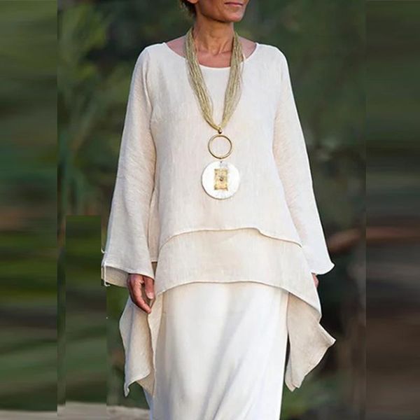 

women's blouses & shirts 2021 casual solid double layered linen tulle blouse pullover fashion ladies loose long sleeve vintage simple, White