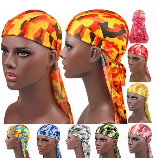 

camo durag bandanas women men headband hats long tail pirate hat waves turban head cover cap hair accessories1