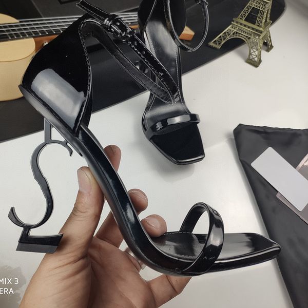 

designer women high heels opyum sandals in patent leather with a logo-toned heel vintage fashion sandals wedding dress shoes no326, Black