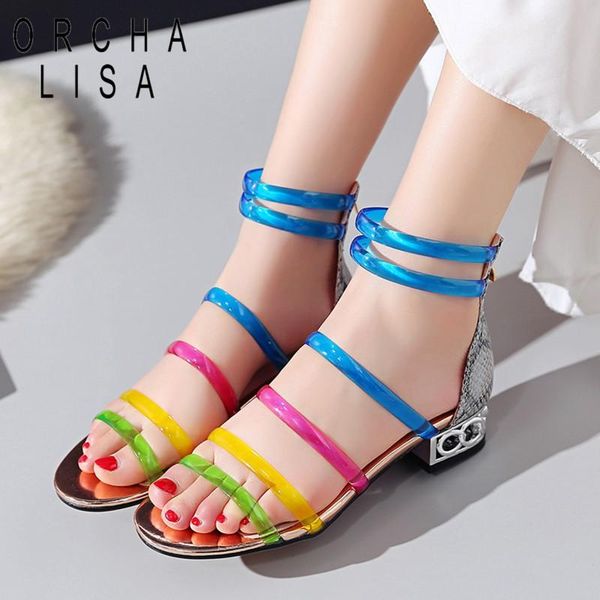

2021 leather gladiator sandals women transparent pvc colors square low heels summer ladies shoes sandalia feminina, Black