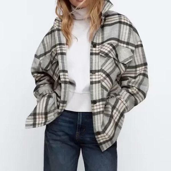 

women's plaid shirt jacket single-breasted large pockets loose slim autumn and winter fashion cardigan 210521, Black;brown