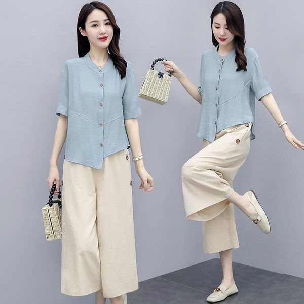 

casual summer clothes cotton and linen two piece set shirt + loose wide leg pants suits lady women's sets, White