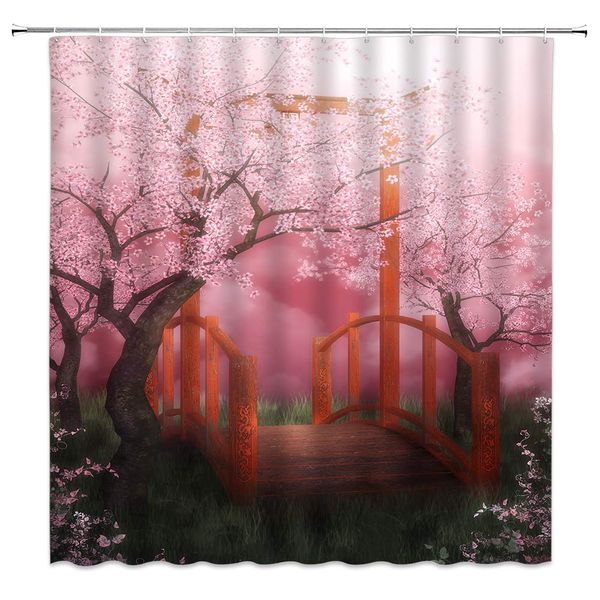 

natural scenery shower curtain decor pink cherry blossoms tree meadow wooden bridge dream spring garden fabric bath curtains