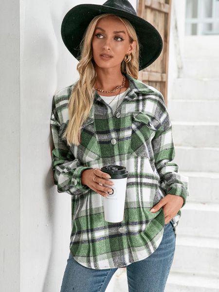 

women's jackets casual coat fall plaid jacket lapel brushed button down pocketed long shirt winter, Black;brown