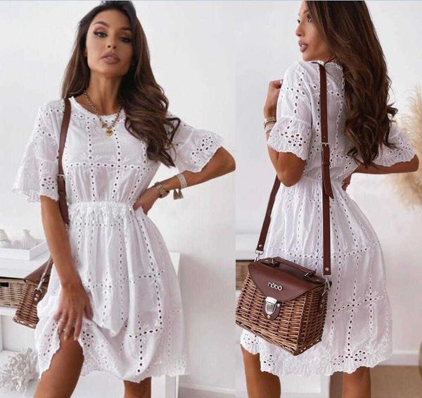 

casual dresses fashion o-neck short sleeve cotton white lace woman mini dress 2021 summer beach hollow out for women robe femme jl, Black;gray