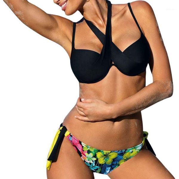 

women's summer swimsuit set cross tie up bikini + floral bottom 2 piece bathing suit beachwear swimwear, White;black