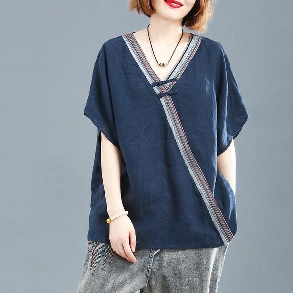 

ethnic clothing summer women shirts v-neck t shirt short sleeve blouse loose tang casual tee female vintage -xxl, Red