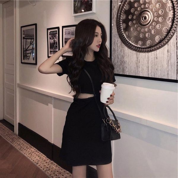 

dress women short sleeve mini party dresses o-neck summer hollow out the dew waist club sukienki #a casual, Black;gray