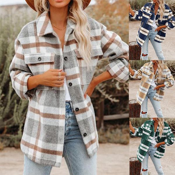 

women's wool & blends autumn and winter 2021 plaid button shirt flannel coat, Black