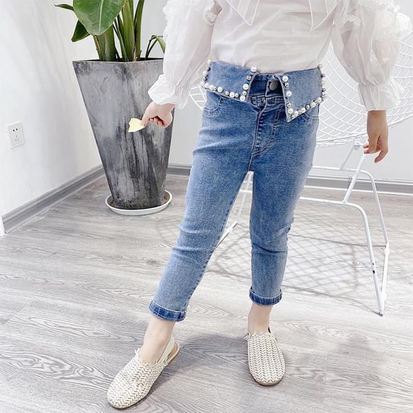 

jeans spring autumn girls baby denim pants kids trousers children streetwear bottoms turn down pearl rivet high waist 3 to 9 yrs, Blue