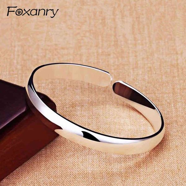 

foxanry 925 sterling silver terndy couples cuff bangles & bracelet simple smooth jewelry for women size 64mm adjustable, Golden;silver
