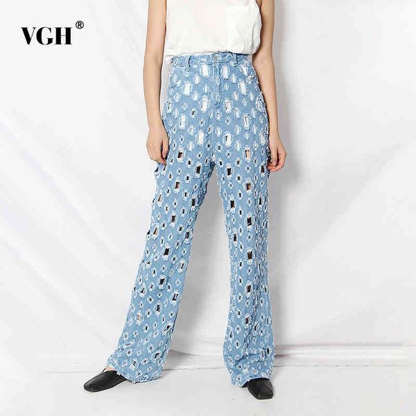 

vgh streetwear hollow out wide leg women's jeans high waist button loose full length denim pants female fashion new summer 210421, Blue