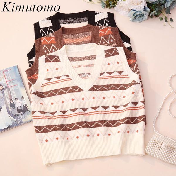 

women's vests kimutomo 2021 spring vintage printing knitted vest women v-neck sleeveless waistcoat korean chic elegant casual, Black;white