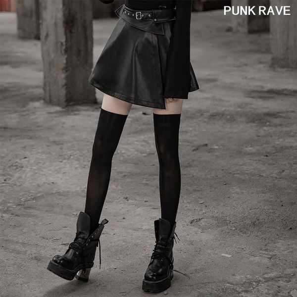 

skirts fashion unique irregular hem mini skirt punk women fake waistband a pendulum leather short half rave opq-454bqf, Black