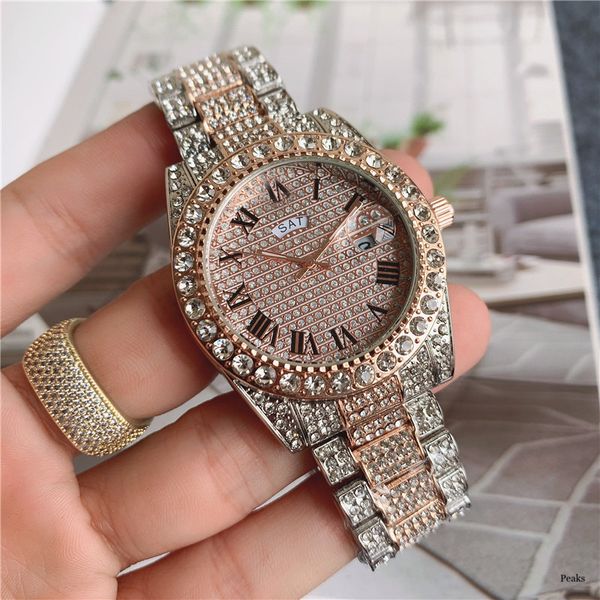 

selling gold watch women mens watches fashion dress datejust diamond 6 color dial stainless steel strap quartz movement dual calendar displa, Slivery;brown
