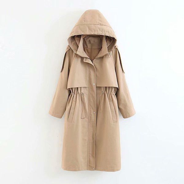 

women's trench coats nxh retro waist drawstring hoodie long coat women cotton windbreaker, Tan;black
