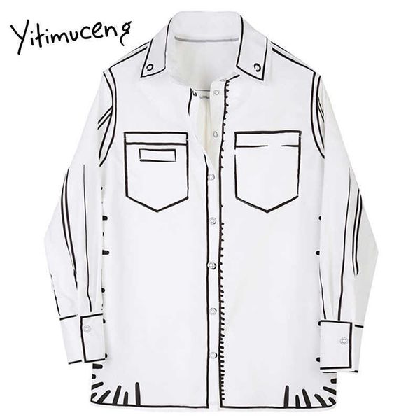 

yitimuceng vintage print blouse women solid white shirts loose spring turn-down collar long sleeve office lady 210601