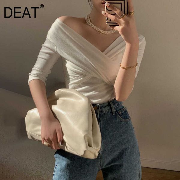 

[deat] summer fashion v-neck solid color three quarter sleeve temperament simple women t-shirt 13q196 210527, White