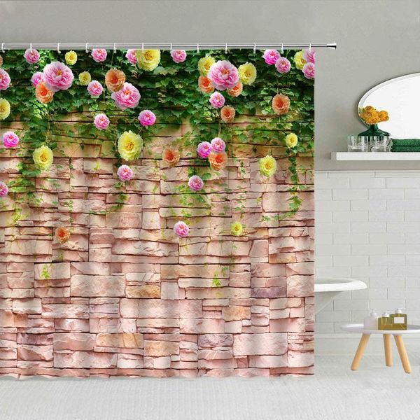 

shower curtains stone wall flower curtain 3d rose green vine plant vintage brick butterfly bathroom supplies cloth decor se