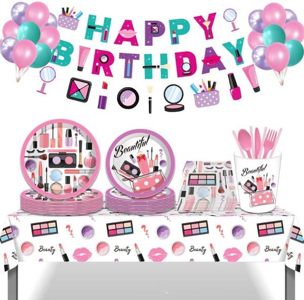 

party decoration make up girls happy birthday dinner dessert plates balloons decorations lipstick disposable tableware kids spa favor