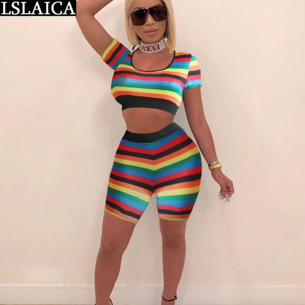 

fashion two piece set women short &shorts colorful rainbow striped print outfits casual elegant sets 210520, White